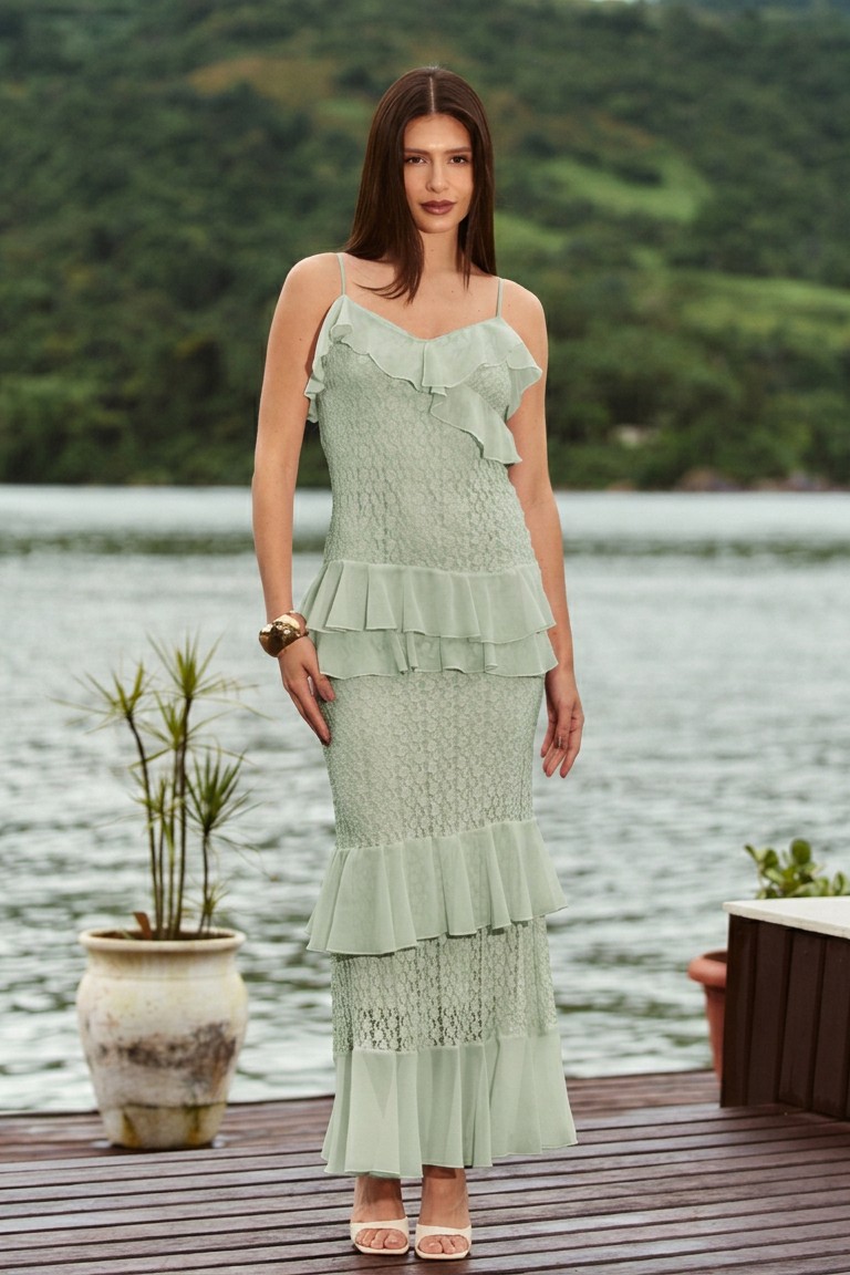 Vestido Alça Fina Renda com Babado em Chiffon