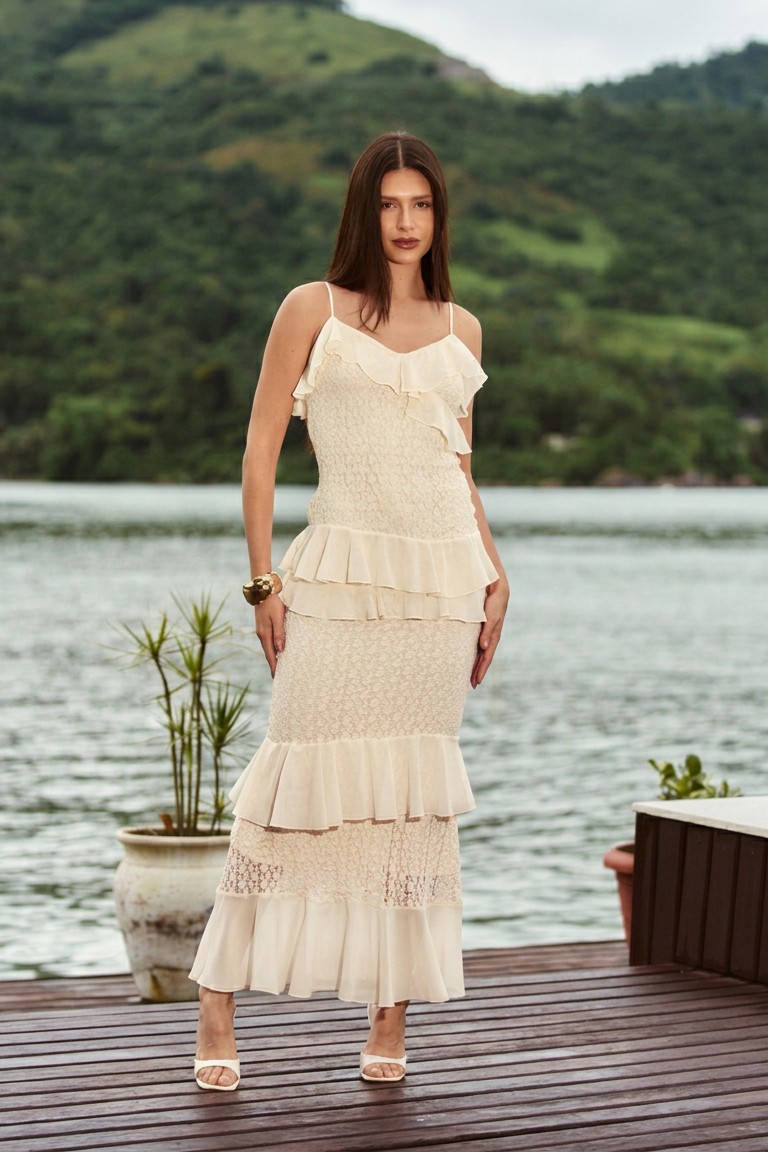 Vestido Alça Fina Renda com Babado em Chiffon