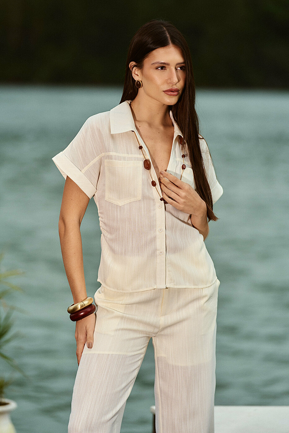 Conjunto Alfaiataria Camisa Calça Reta com Bolso