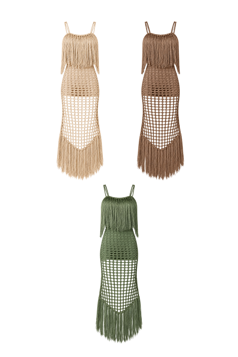 Vestido Tricot Trama Vazada com Franja