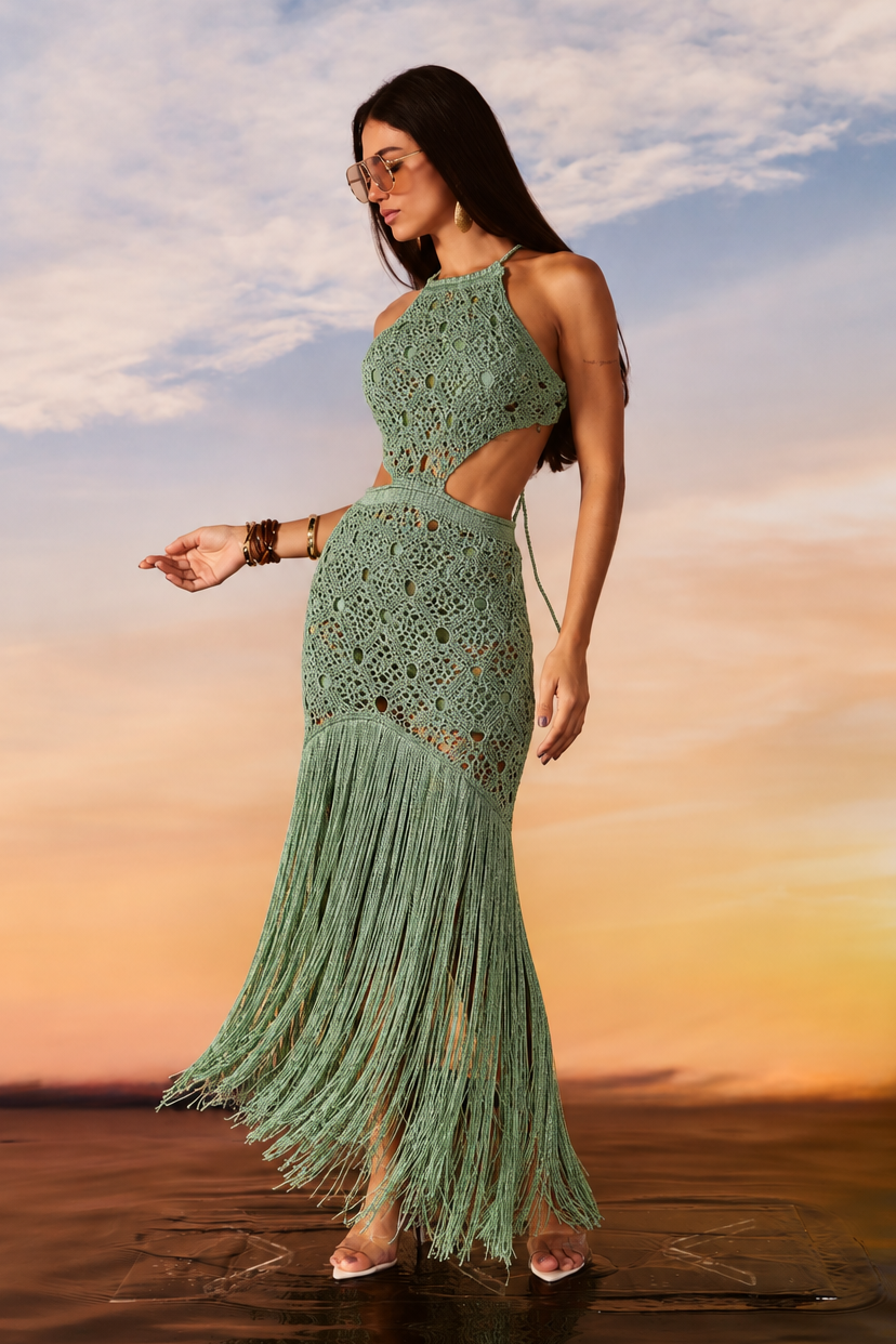 Vestido Tricot Franja com Recorte e Amarração Costa