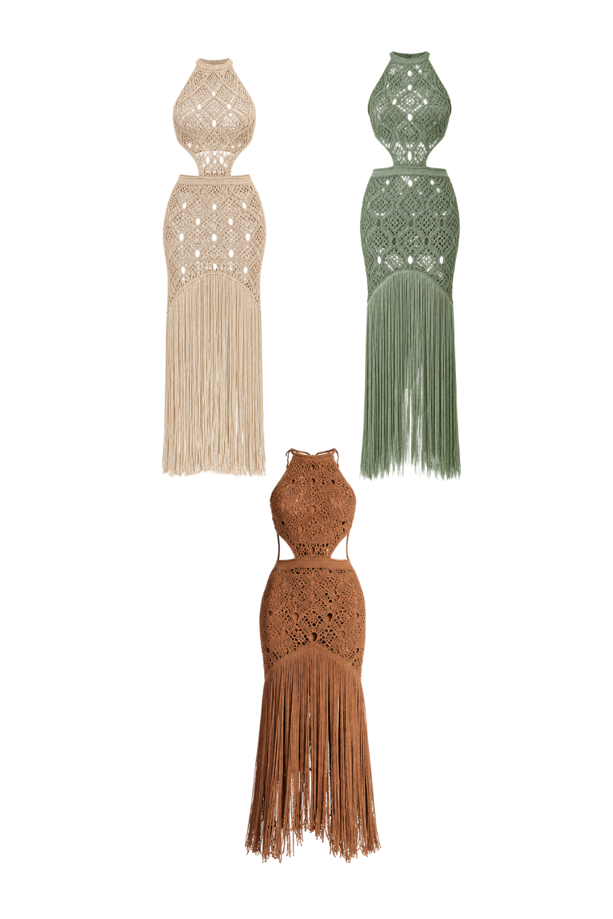Vestido Tricot Franja com Recorte e Amarração Costa