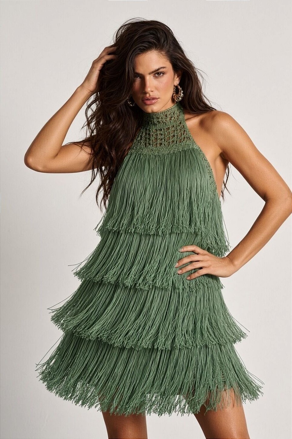 Vestido Tricot Franja com Gola Alta