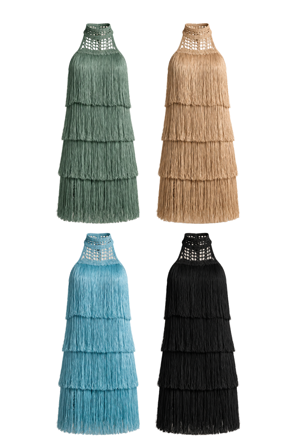 Vestido Tricot Franja com Gola Alta