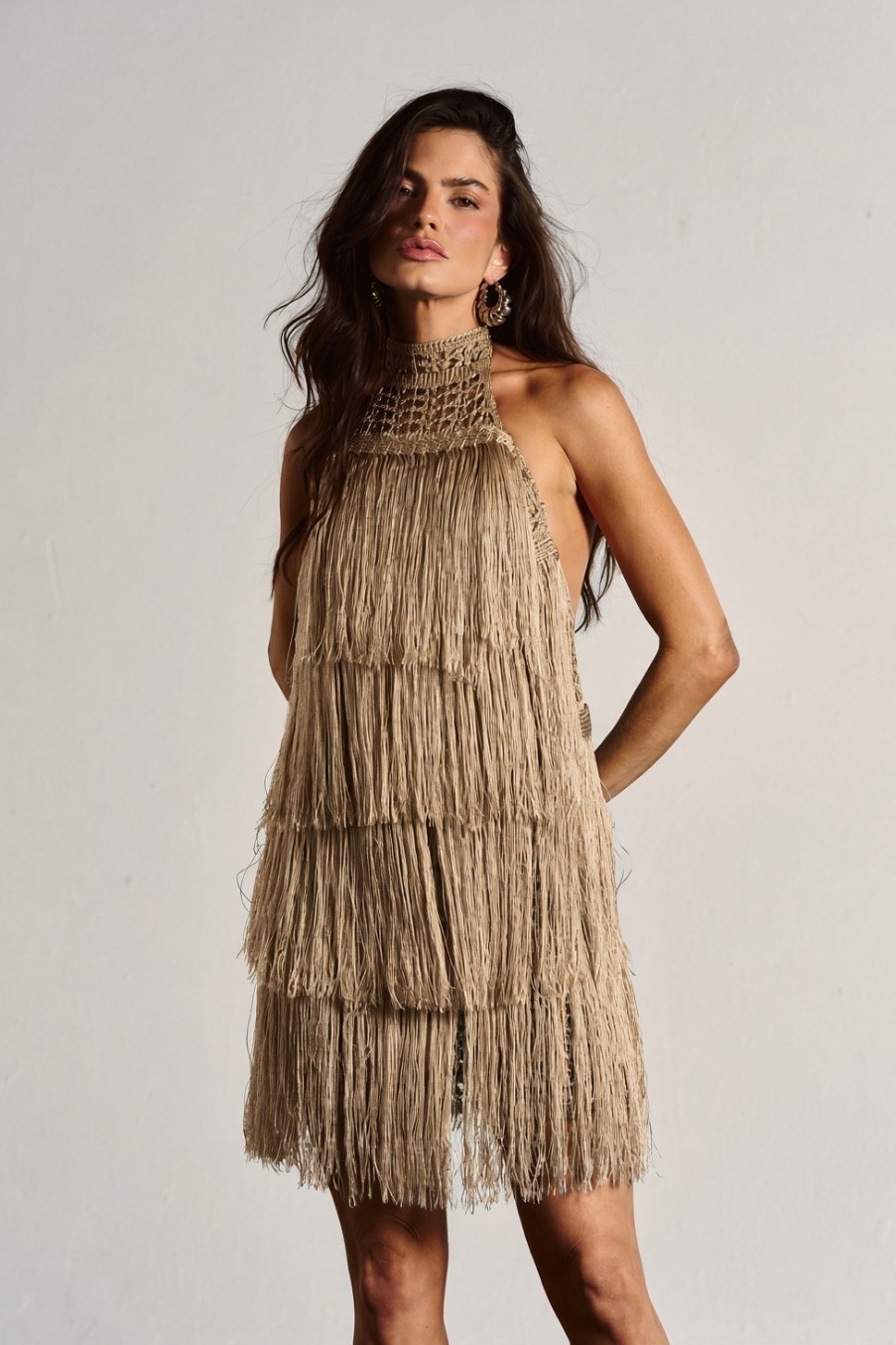 Vestido Tricot Franja com Gola Alta