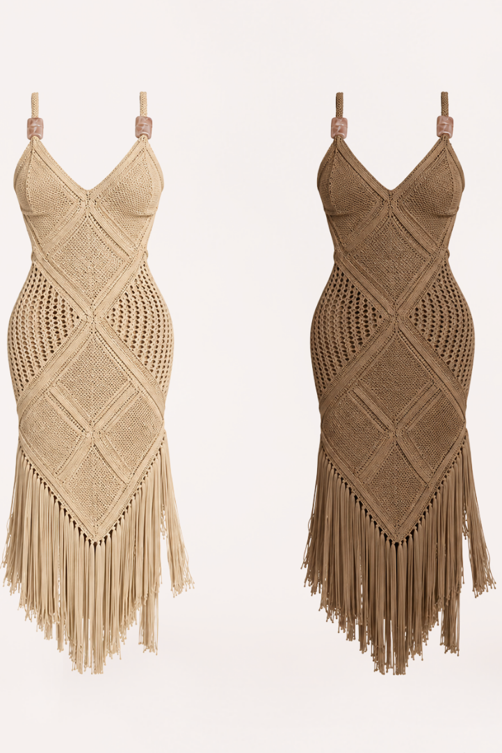 Vestido Tricot com Franja com Amarração Costas
