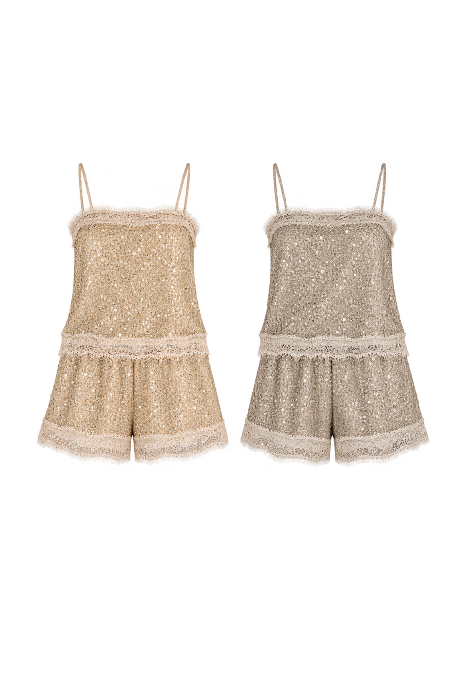 Conjunto Paetê Blusa Alça Fina e Shorts Detalhe Renda