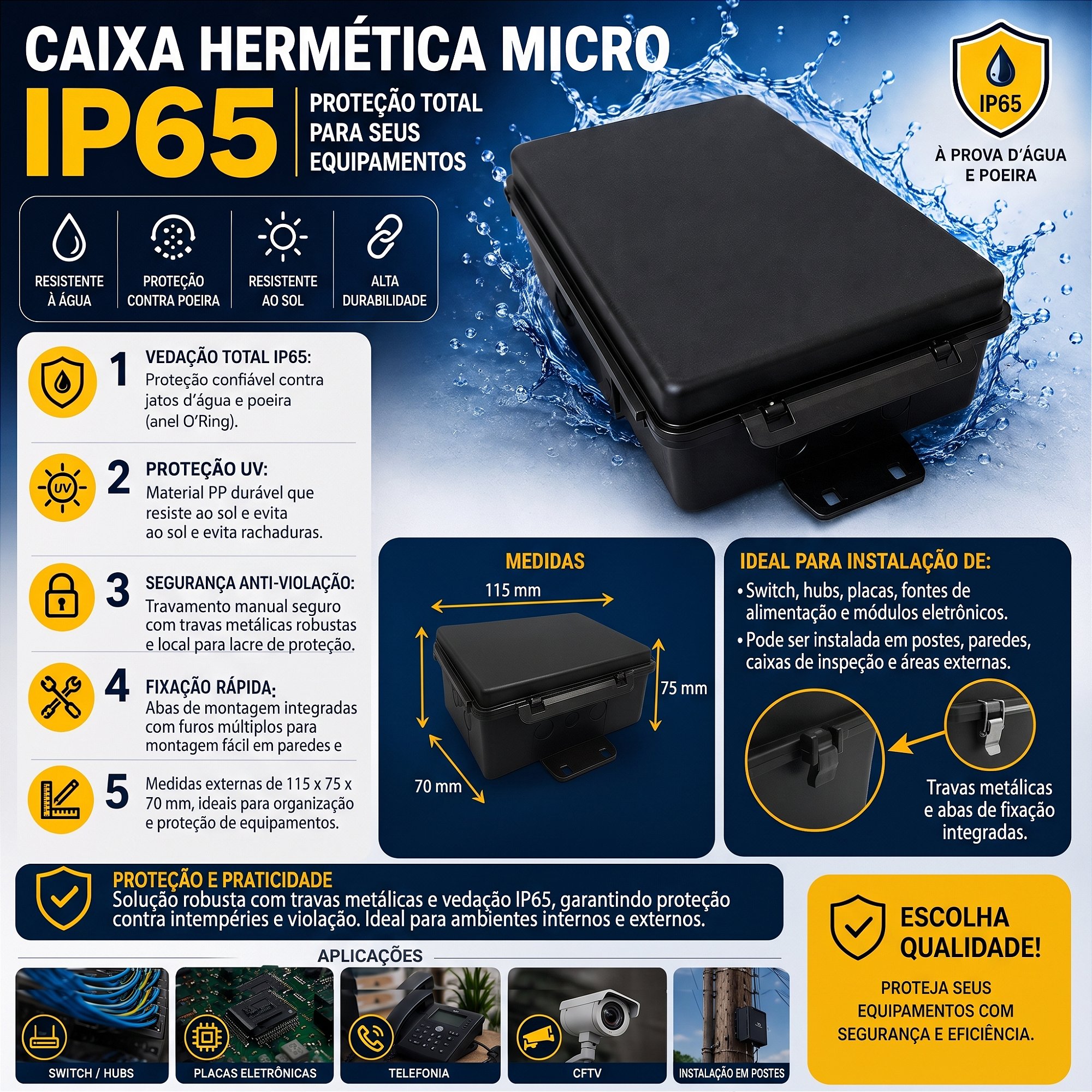 Caixa Hermética Micro 115x75x70mm Preta