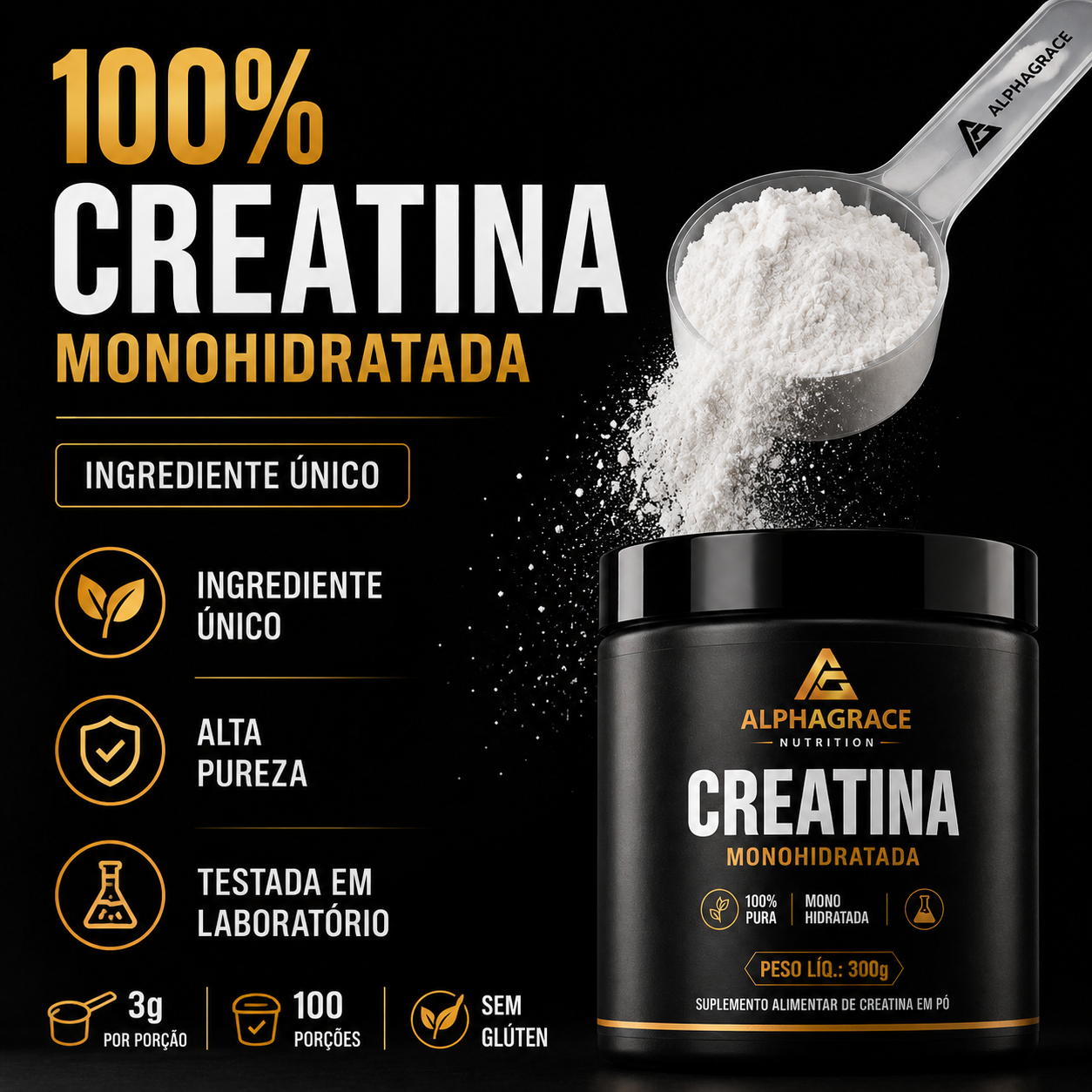 Creatina Monohidratada 300g 100% Pura Alto Desempenho