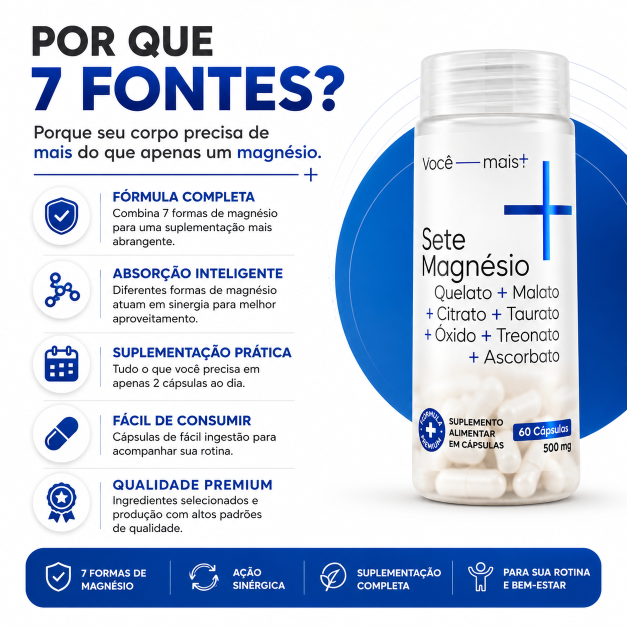 Sete Magnésio 7 Fontes 500mg 60 Cápsulas Quelato Malato Treonato Taurato Citrato Ascorbato Óxido