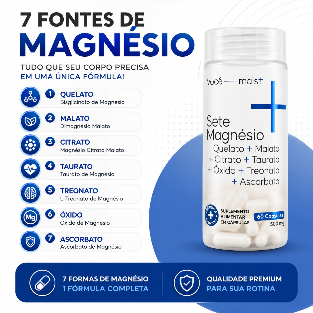 Sete Magnésio 7 Fontes 500mg 60 Cápsulas Quelato Malato Treonato Taurato Citrato Ascorbato Óxido