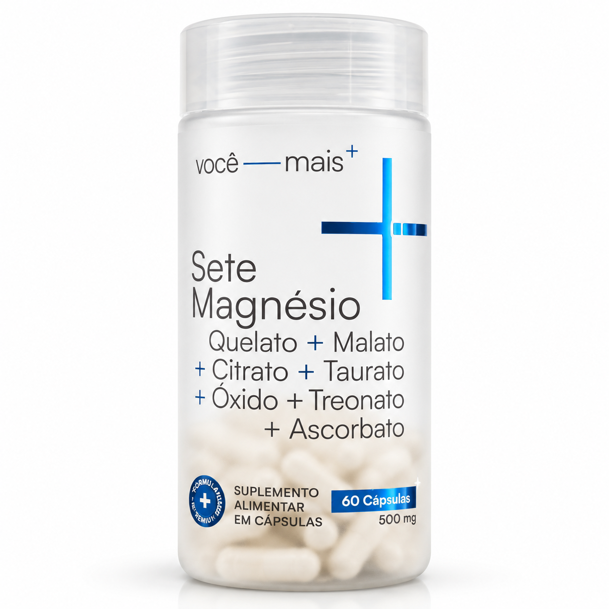 Sete Magnésio 7 Fontes 500mg 60 Cápsulas Quelato Malato Treonato Taurato Citrato Ascorbato Óxido