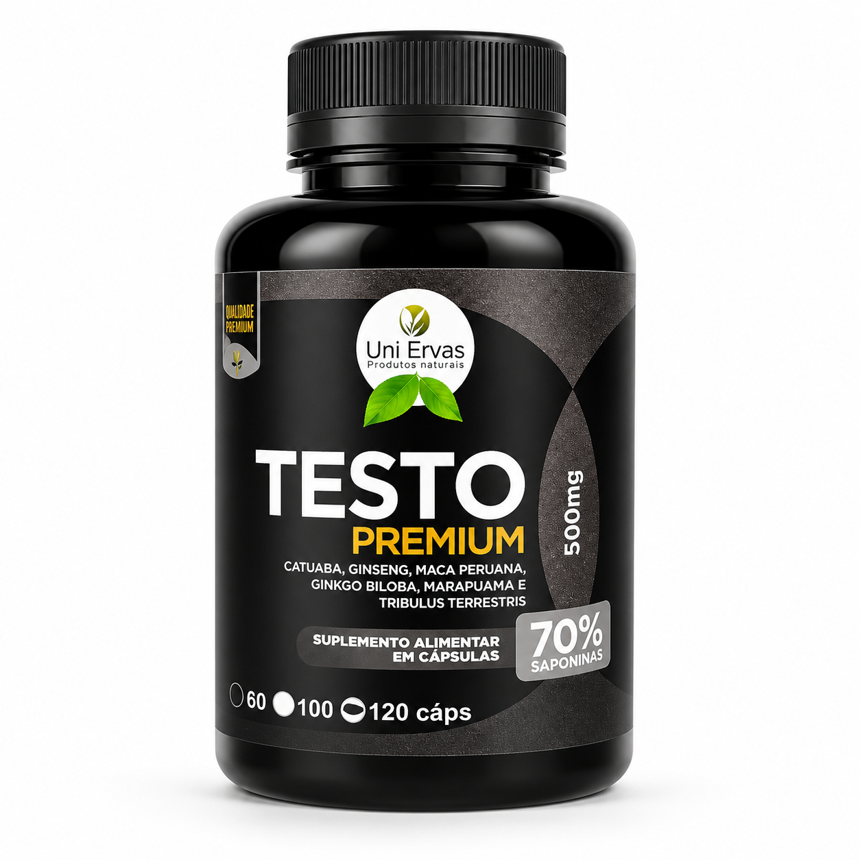 Testo Premium Testosterona 70%Saponins 500mg 120 Cápsulas
