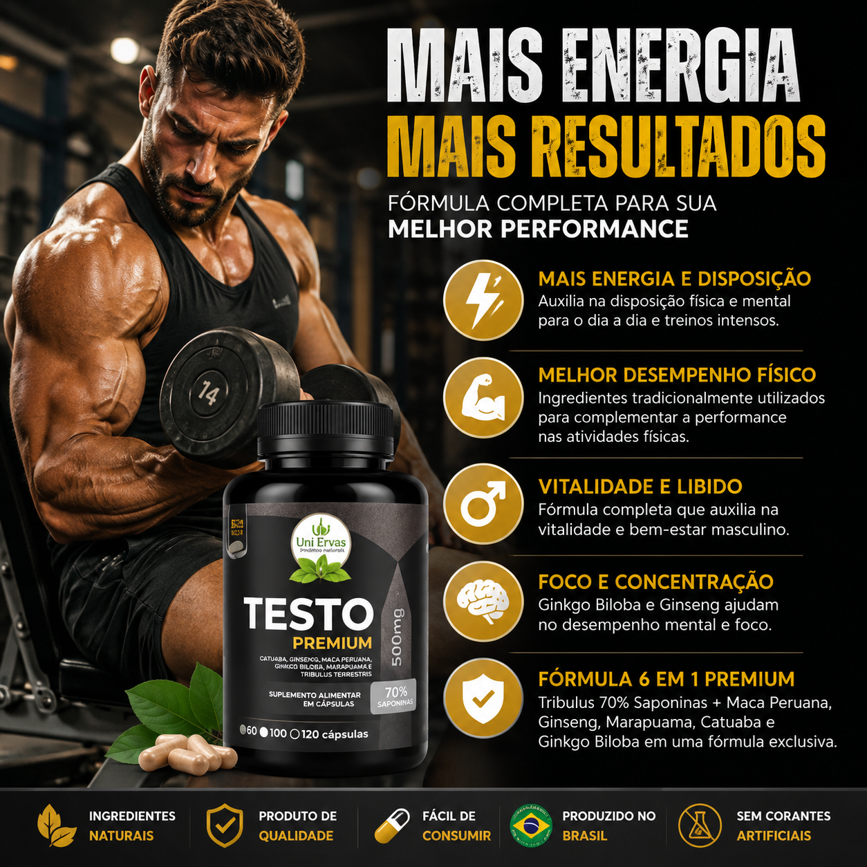 Testo Premium Testosterona 70%Saponins 500mg 120 Cápsulas