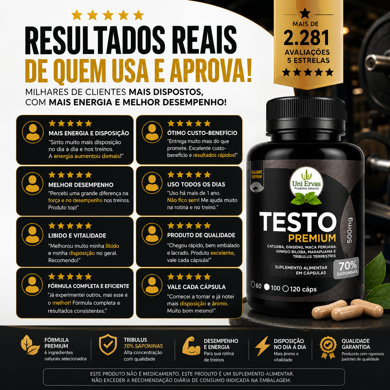 Testo Premium Testosterona 70%Saponins 500mg 120 Cápsulas