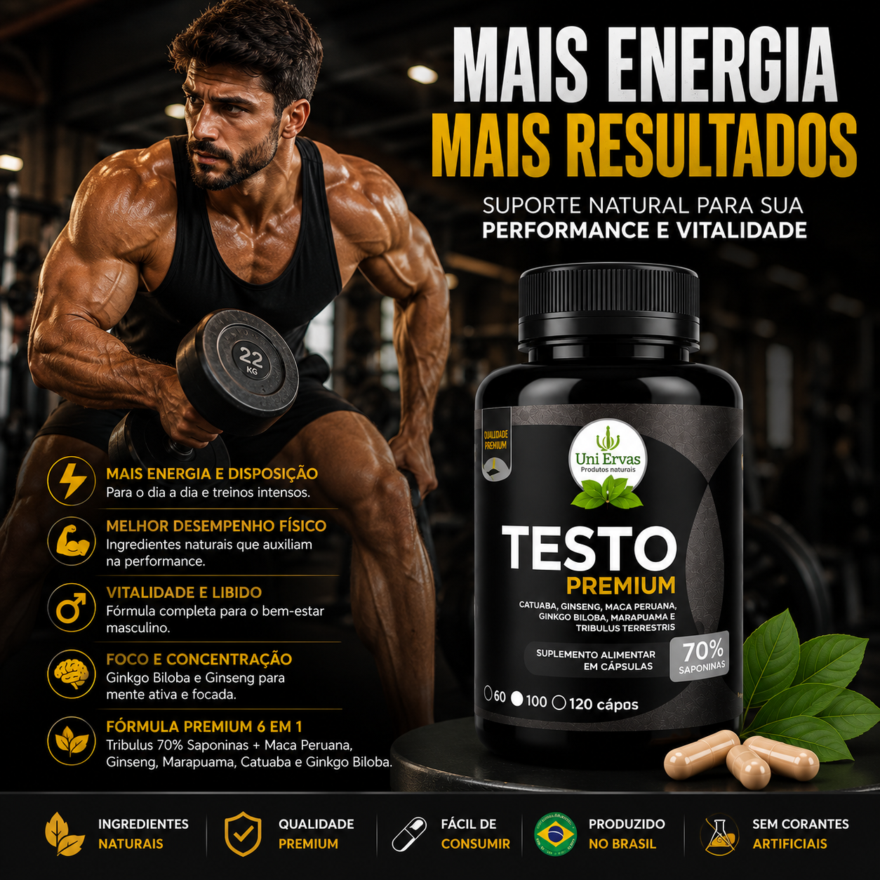 Testo Premium Testosterona 70%Saponins 500mg 120 Cápsulas
