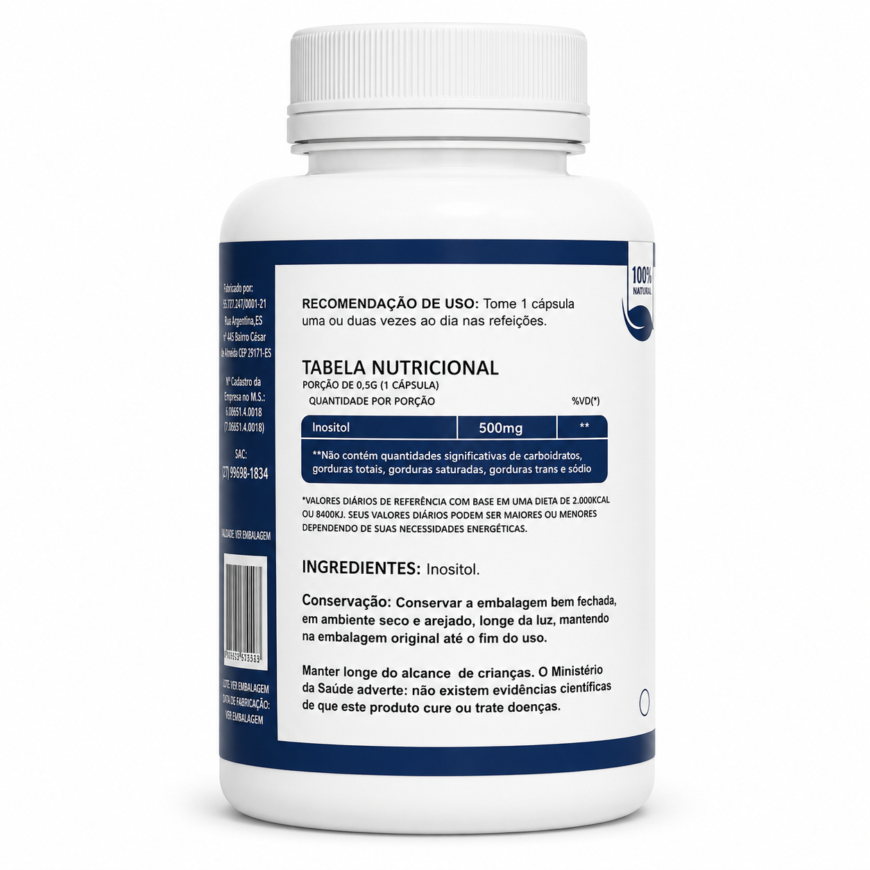 Magnésio Inositol 500mg 120 Cápsulas Suplemento Alimentar Alto Rendimento