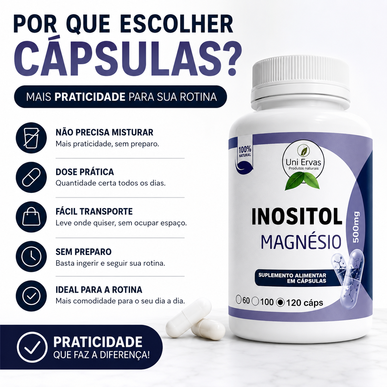 Magnésio Inositol 500mg 120 Cápsulas Suplemento Alimentar Alto Rendimento