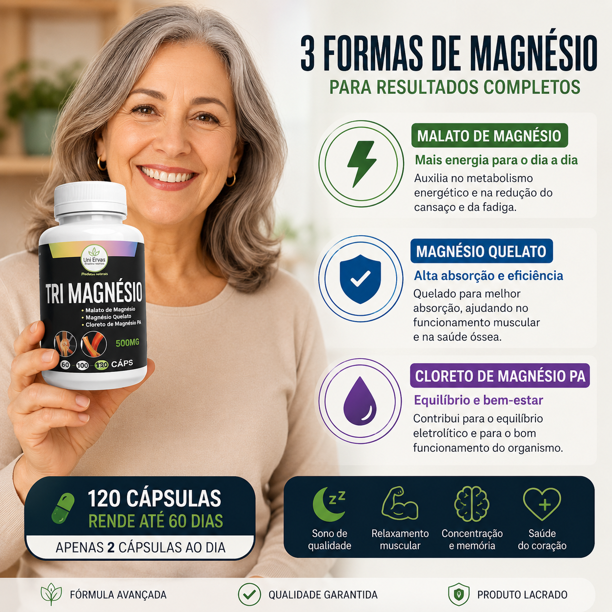 Tri Magnésio - Malato, Quelato e Cloreto PA - 3 Tipos de Magnésio Alta Absorção - 120 Cápsulas