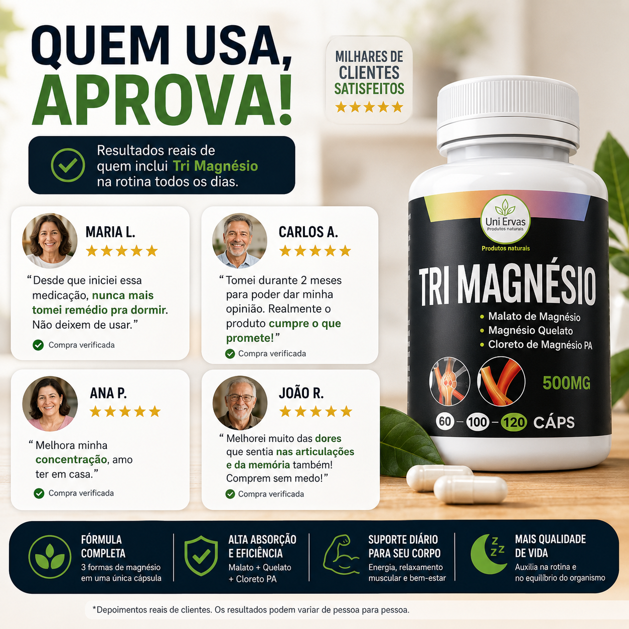 Tri Magnésio - Malato, Quelato e Cloreto PA - 3 Tipos de Magnésio Alta Absorção - 120 Cápsulas