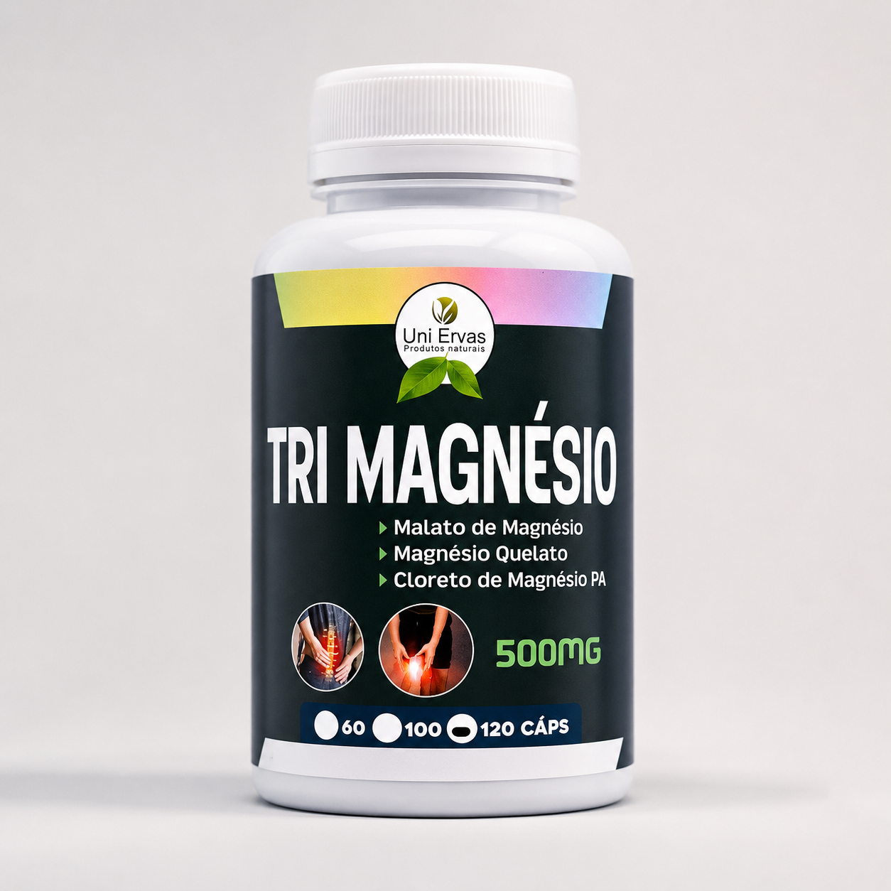 Tri Magnésio - Malato, Quelato e Cloreto PA - 3 Tipos de Magnésio Alta Absorção - 120 Cápsulas