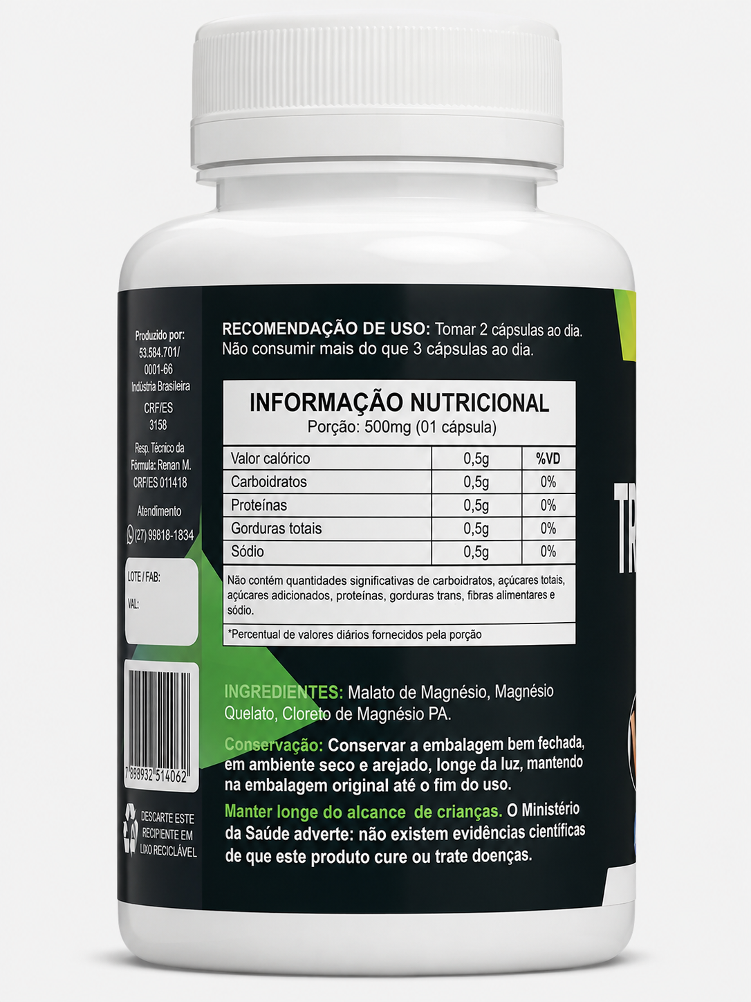 Tri Magnésio - Malato, Quelato e Cloreto PA - 3 Tipos de Magnésio Alta Absorção - 120 Cápsulas
