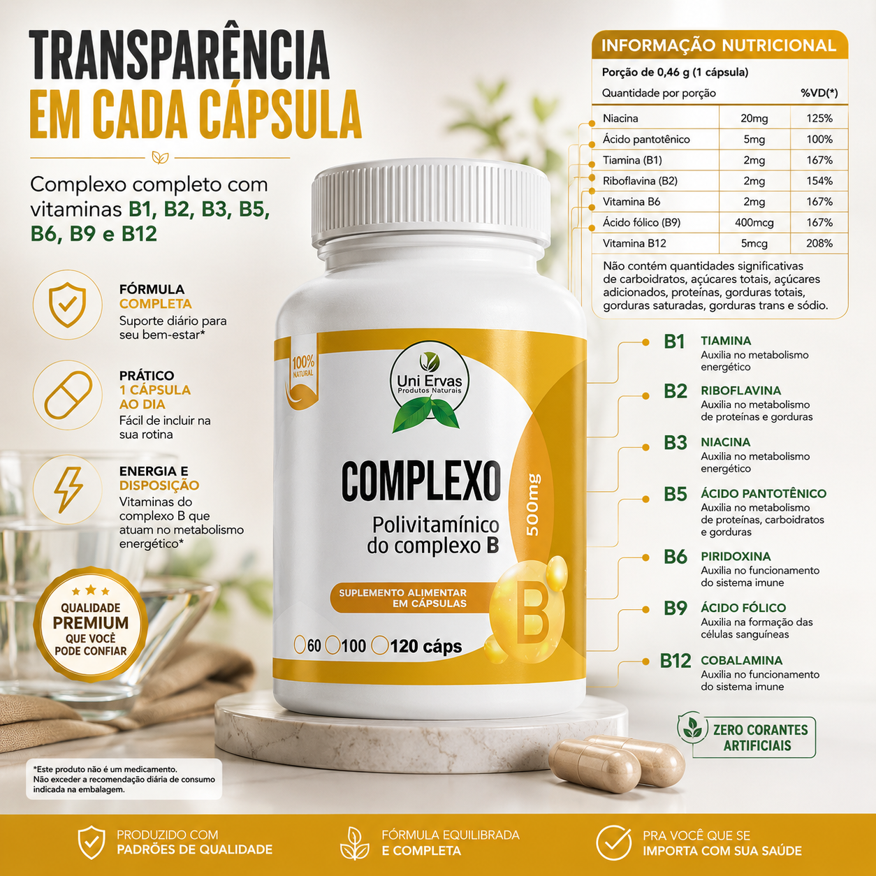Complexo B 500 Mg Polivitamínico Uni Ervas 120 Cápsulas Vitaminas B1 B2 B3 B5 B6 B9 B12