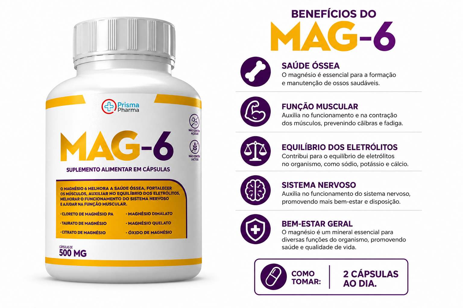 Mag6 - 6 Tipos de Magnésio Concentrado - 60 Capsulas