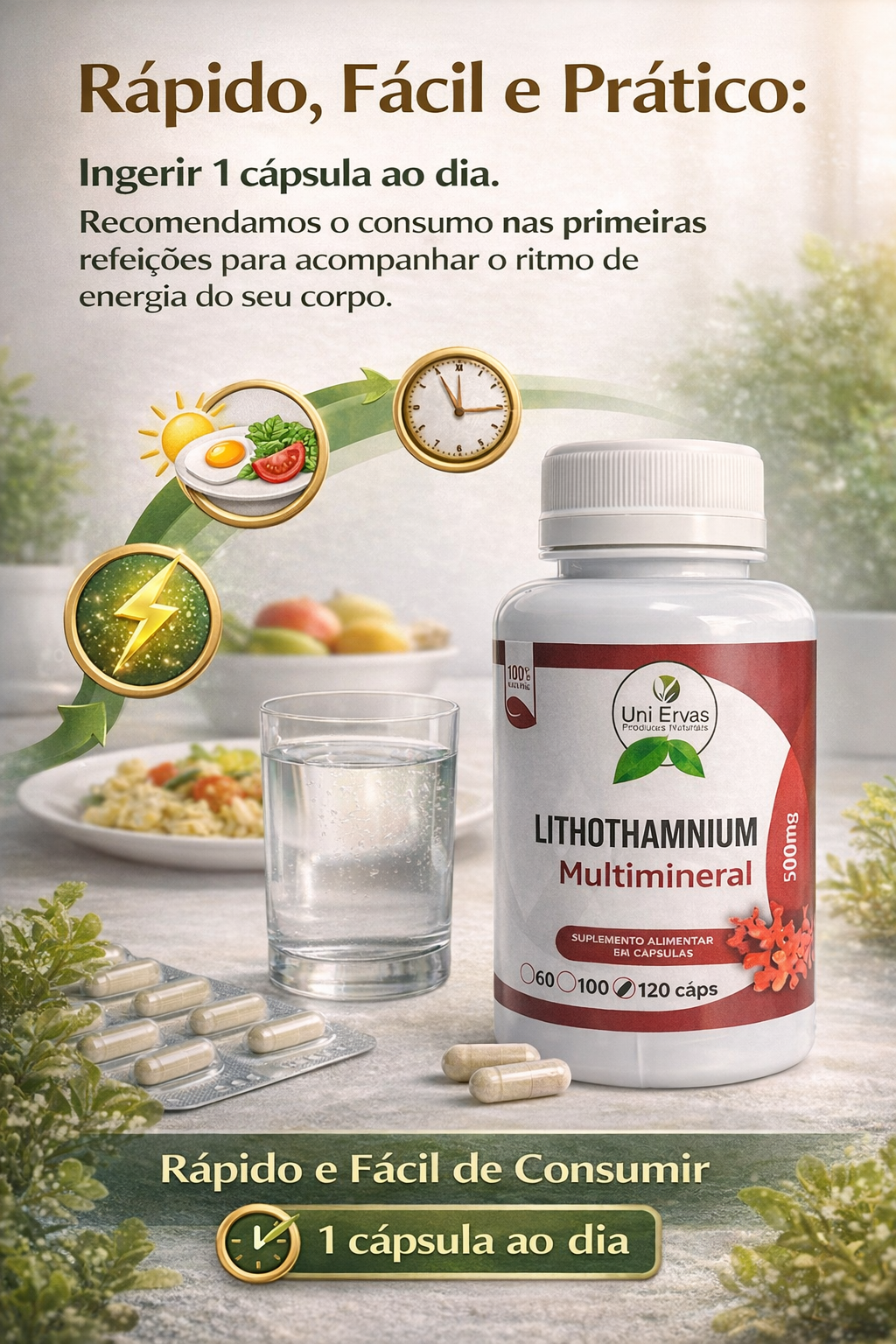 Lithothamnium Ocean Power Suplemento Mineral 100% Vegetal - Cálcio de Alga Marinha - 120 Capsulas