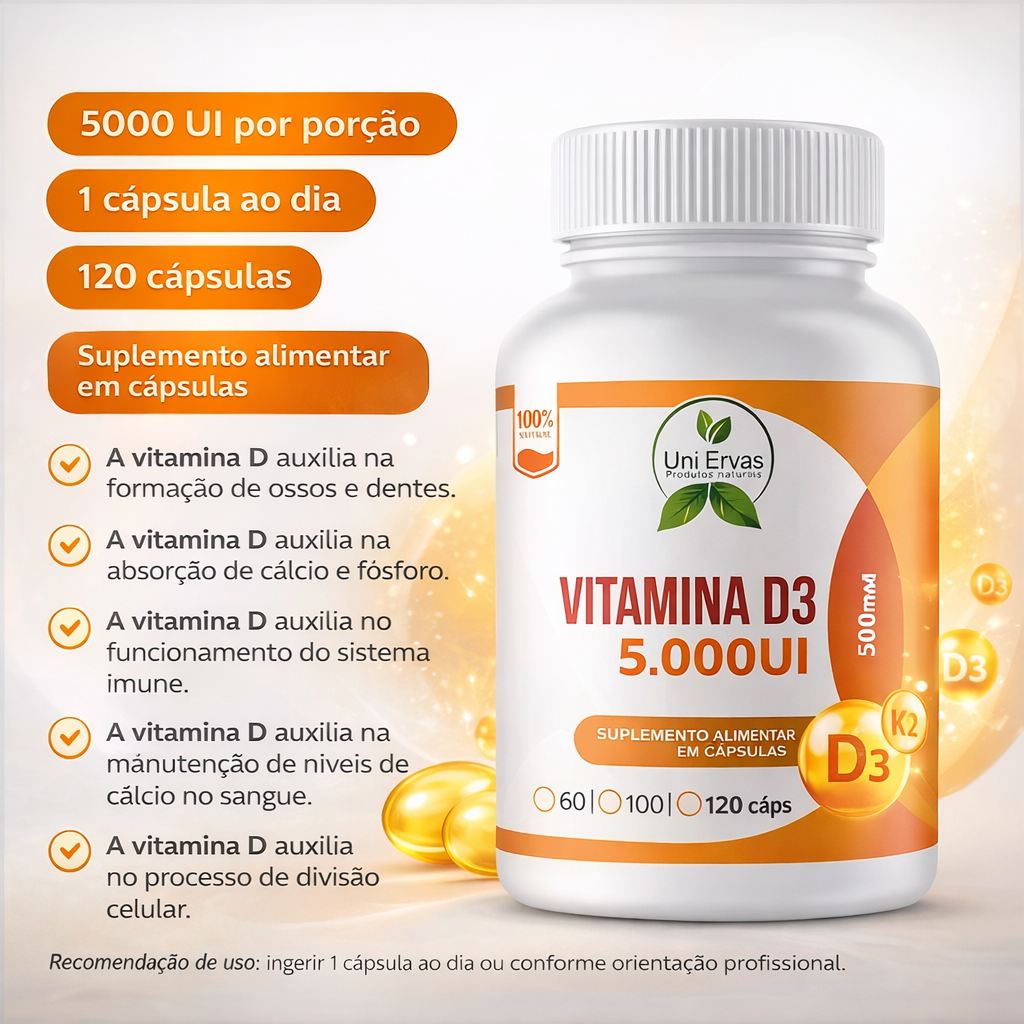 Vitamina D3 5000 Ui Alto Teor Uni Ervas 120 Cápsulas 500 Mg