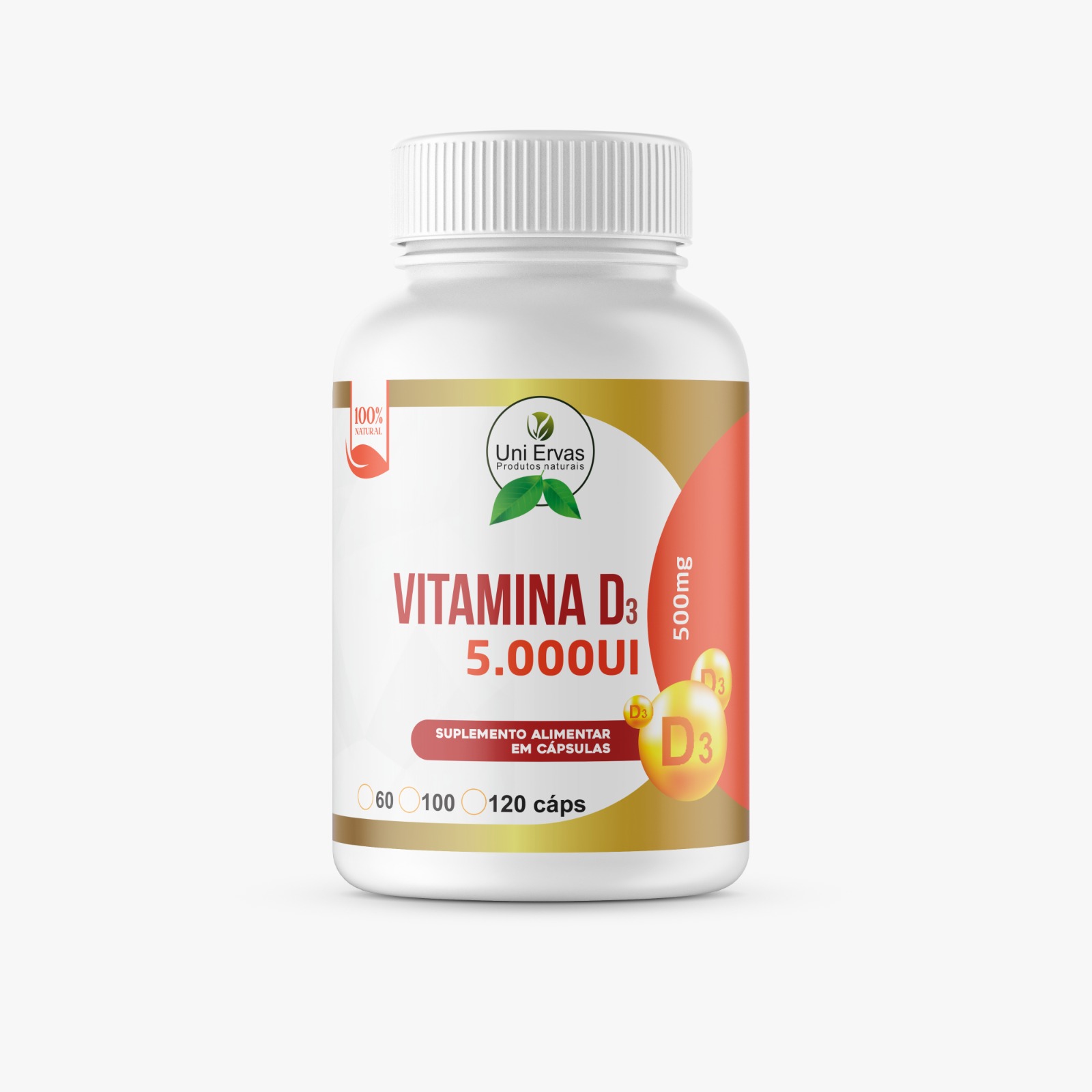 Vitamina D3 5000 Ui Alto Teor Uni Ervas 120 Cápsulas 500 Mg
