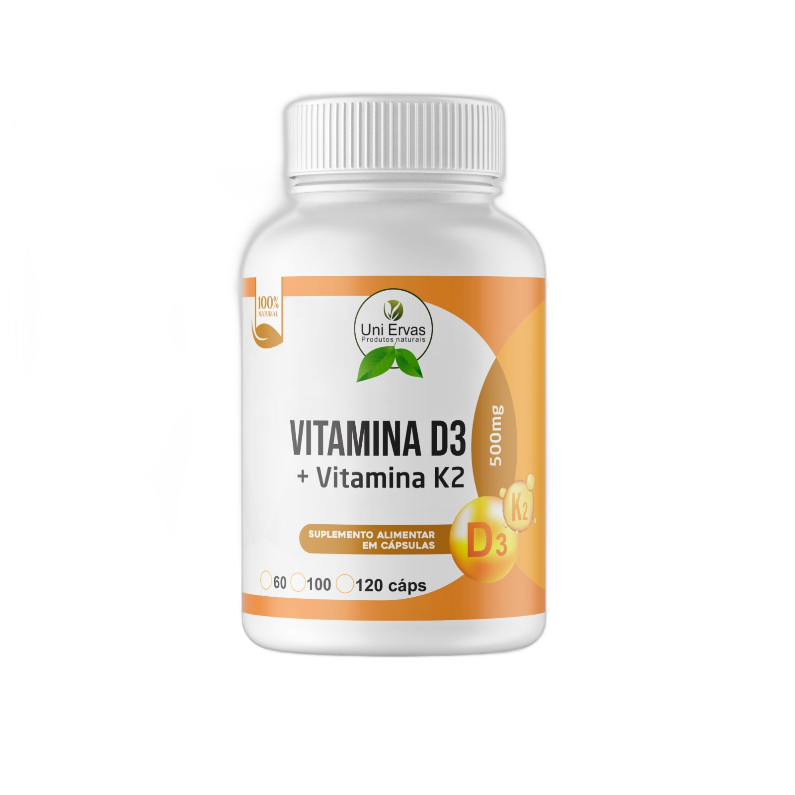 Vitamina D3 + Vitamina K2 Uni Ervas 120 Cápsulas Suplemento Alimentar Premium