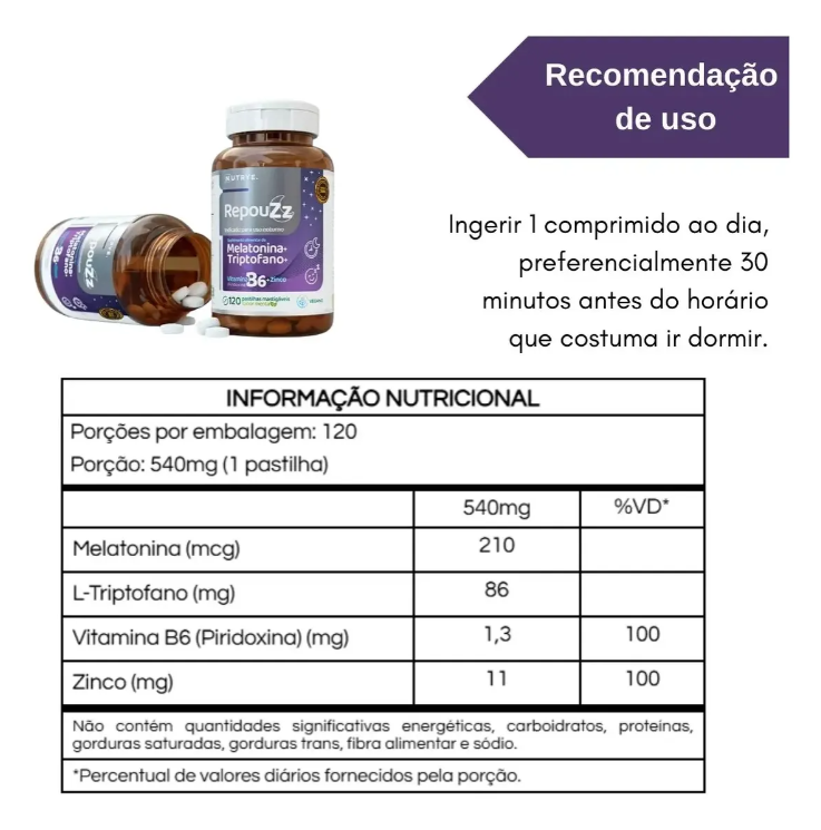 Repouzz Melatonina Triptofano Vitamina B6 Zinco 120 Comprimidos