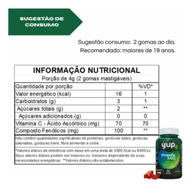 Yup Gummy Própolis e Vitamina C Gomas para Imunidade Antioxidante Natural Fórmula com Extrato de Própolis e Vitamina C