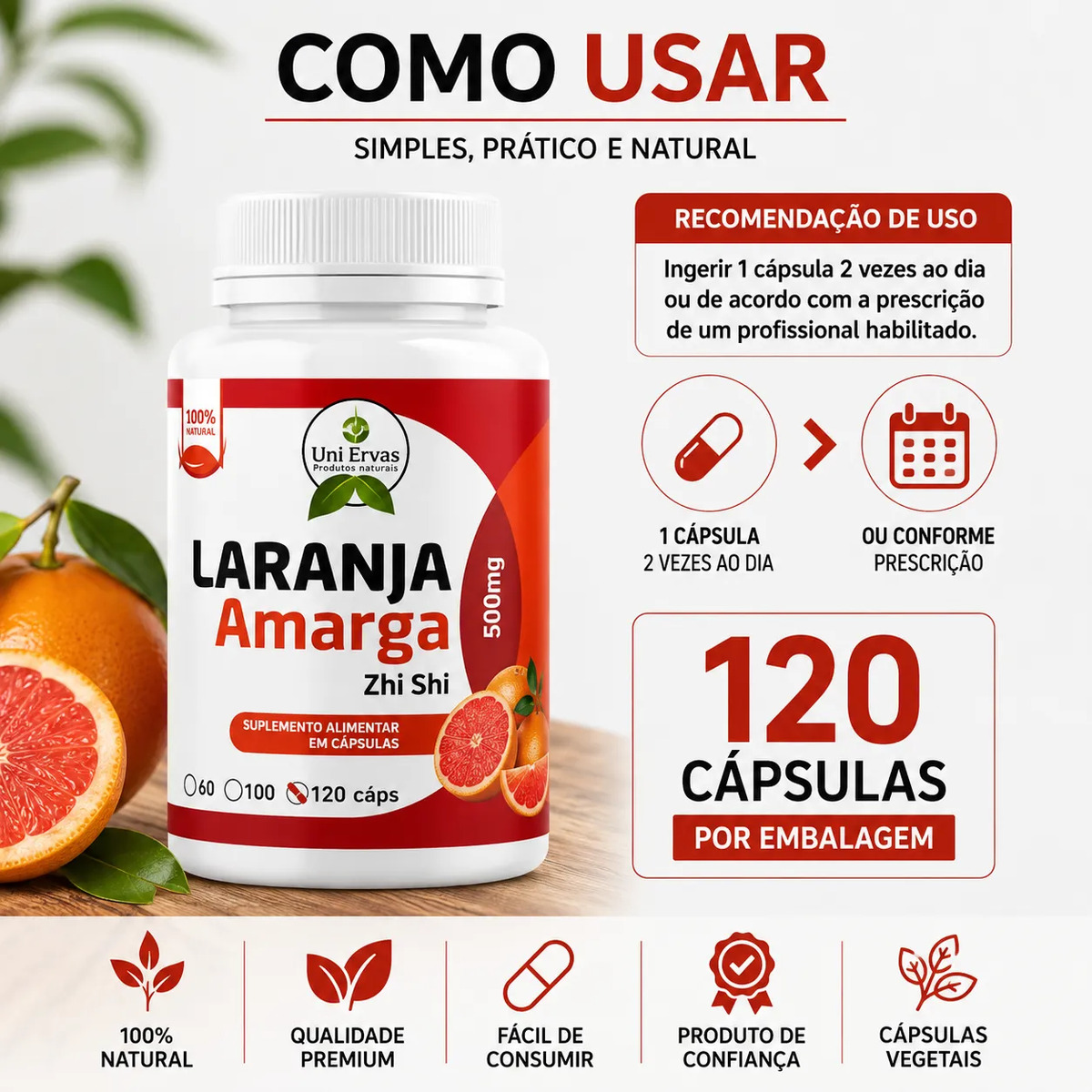Laranja Amarga Zhi Shi 120 Cápsulas 500mg Sem Sabor