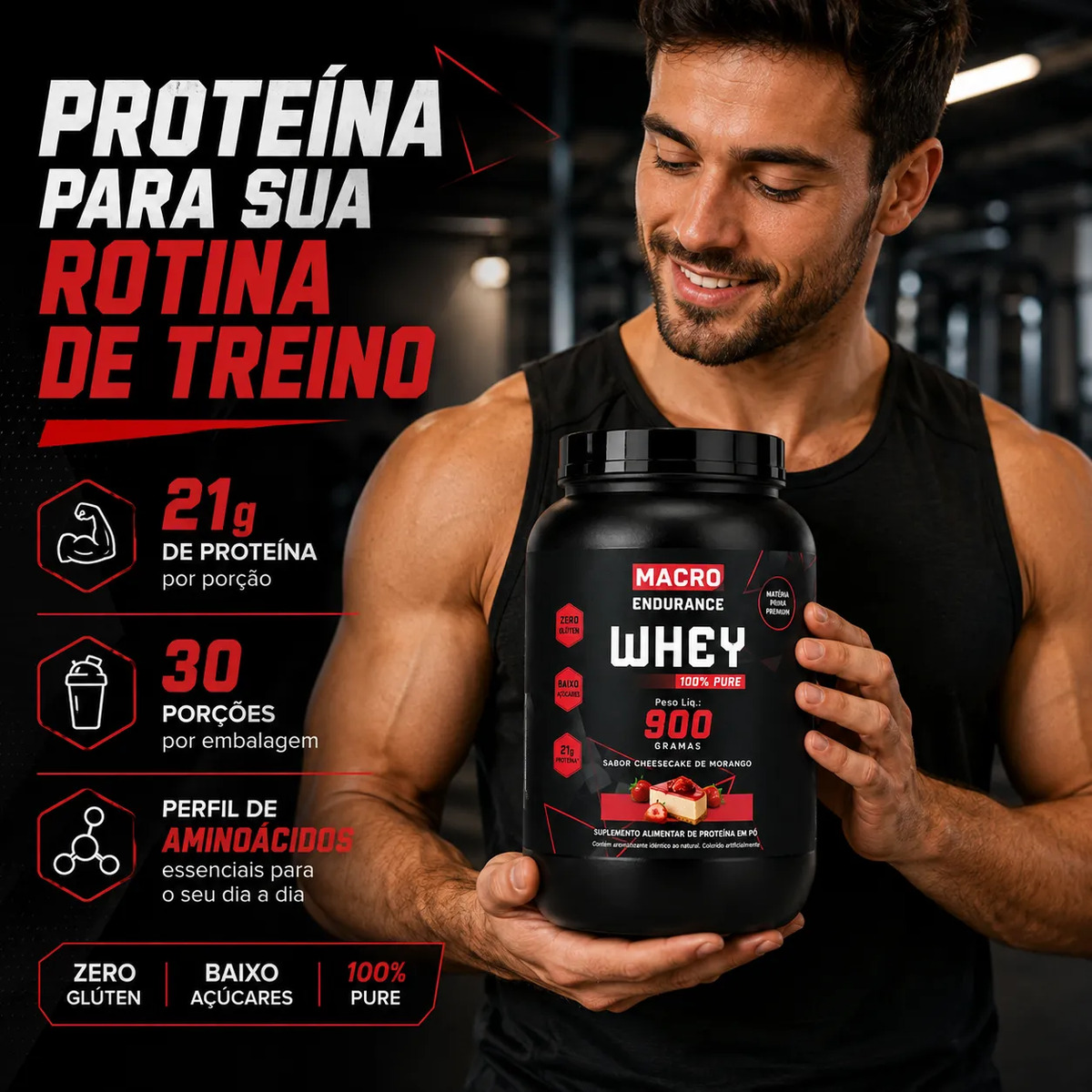 Whey Protein 100% Pure 900g Sabor Cheesecake De Morango Morango