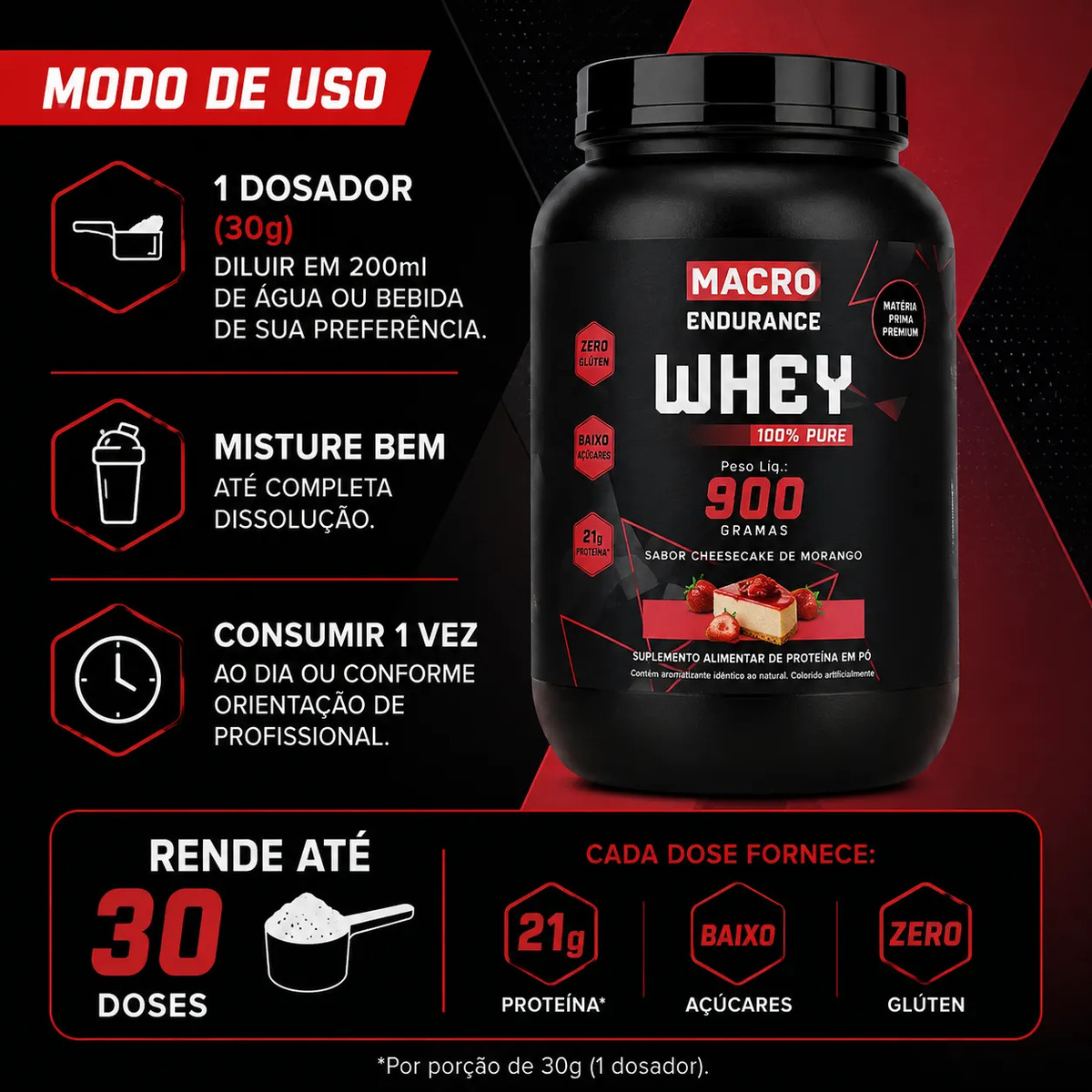 Whey Protein 100% Pure 900g Sabor Cheesecake De Morango Morango