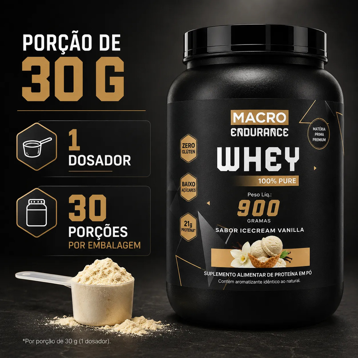 Whey Protein 100% Pure 900g Sabor Icecream Vanilla Baunilha Baunilha