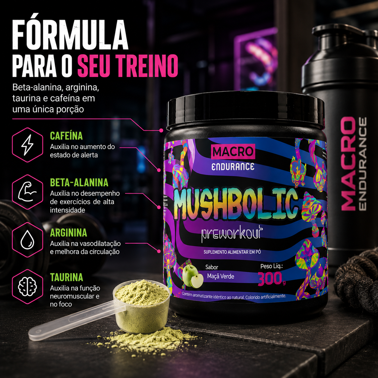 Pré-treino Mushbolic 300g Sabor Maça Verde