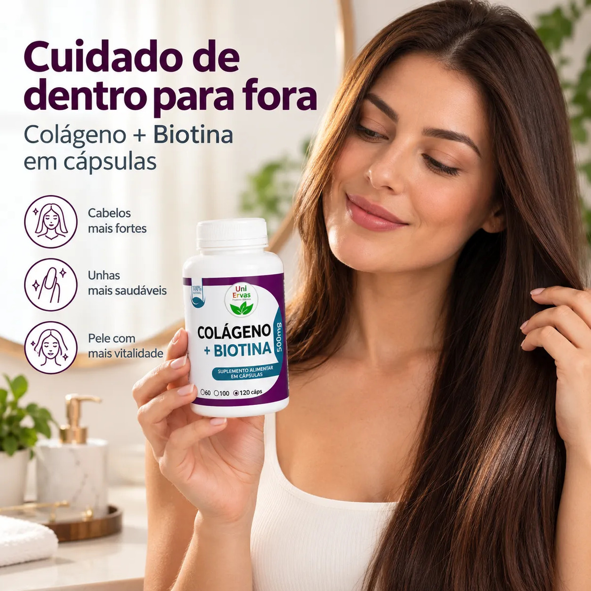 Biotina + Colageno Tipo 2 Suplemento 100% Natural 120 Caps Sem Sabor