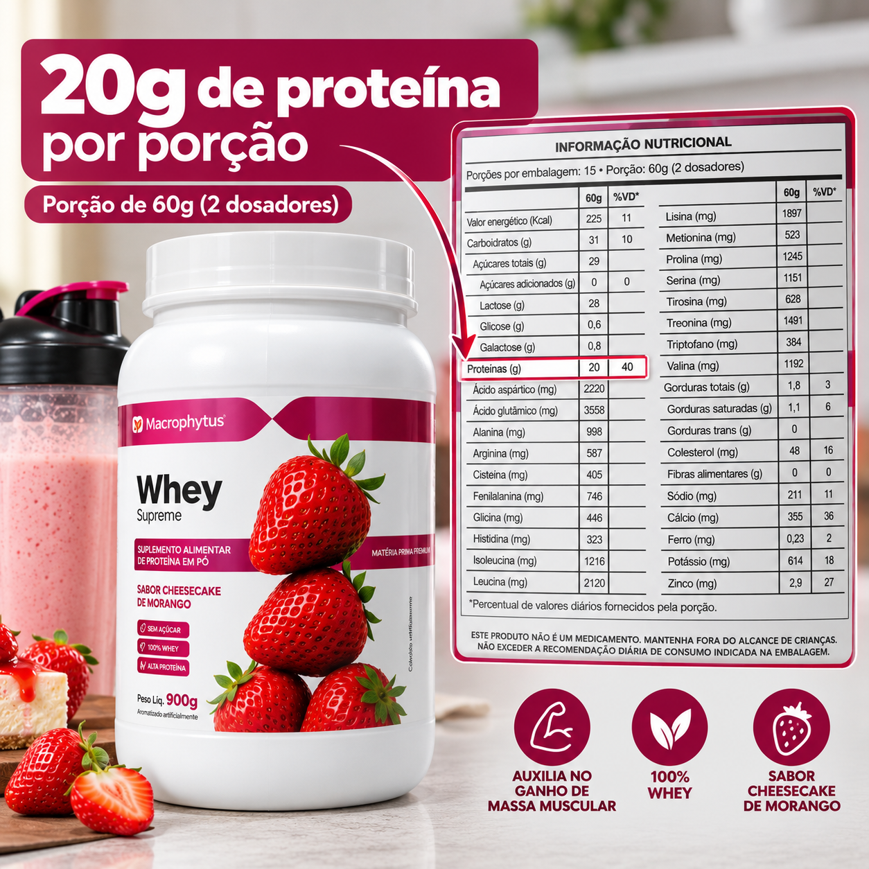 Whey Protein Supreme 900g Sabor Cheesecake de Morango