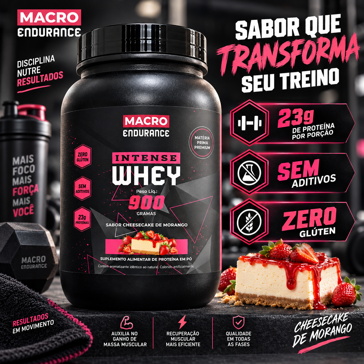 Whey Protein Intense 900g Sabor Cheesecake de Morango