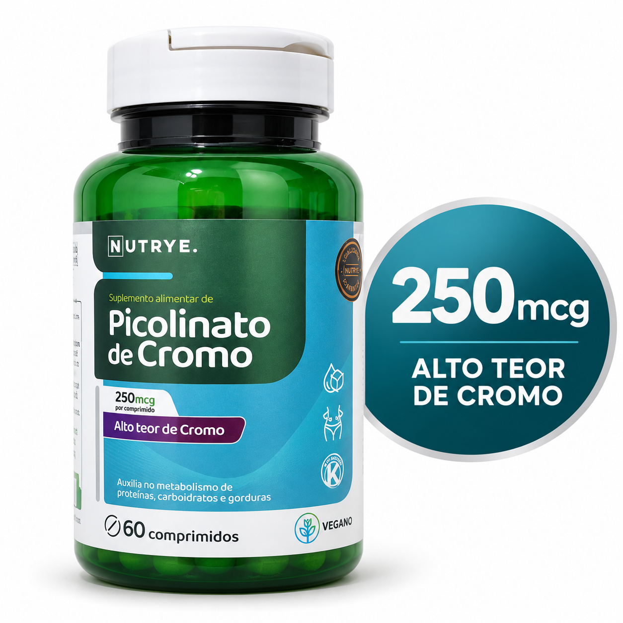 Picolinato de Cromo Nutrye 250mcg 60 Cápsulas Veganas Sem Sabor