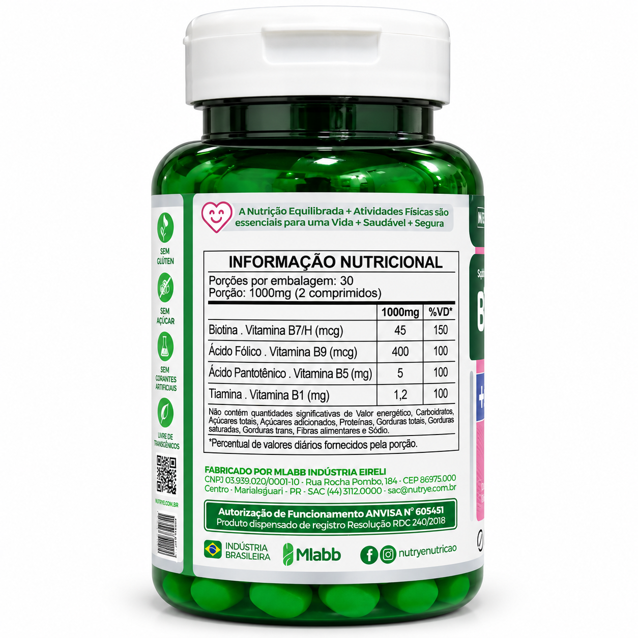 Suplemento de Biotina + Vitamina B1 + Vitamina B5 + Ácido Fólico . 60 Comp
