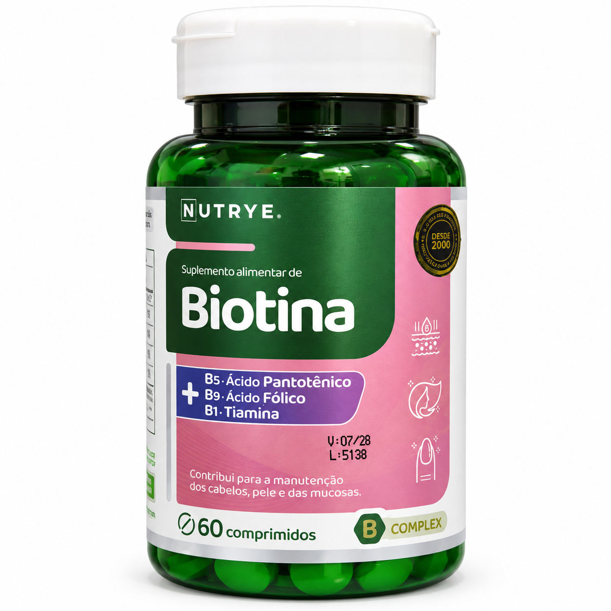 Suplemento de Biotina + Vitamina B1 + Vitamina B5 + Ácido Fólico . 60 Comp
