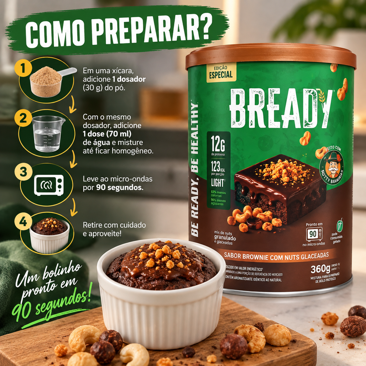 Bready Sabor Brownie 360g Superfood Pão Proteico Doce Fit