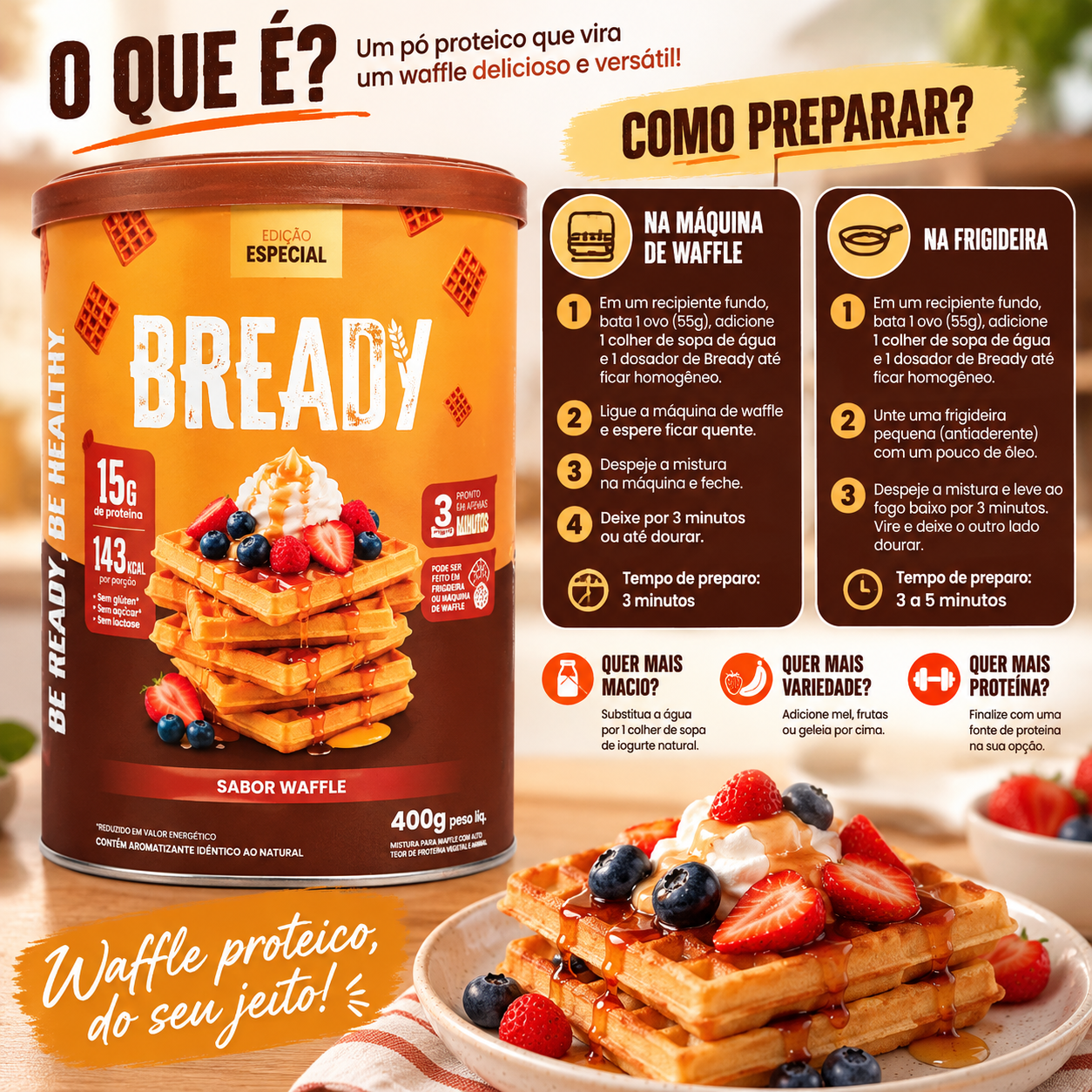 Bready Waffle 2.0 - Mistura proteica 15g proteína 20 porções