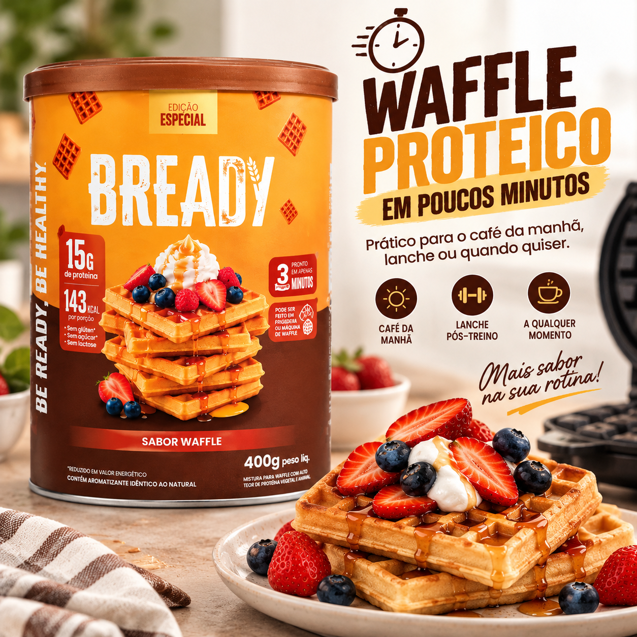 Bready Waffle 2.0 - Mistura proteica 15g proteína 20 porções