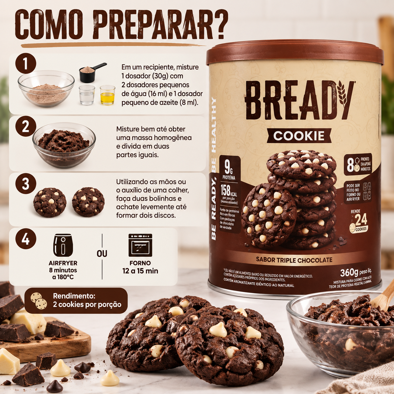 Bready Cookie Triple Chocolate - 9g Proteína - 24 Cookies