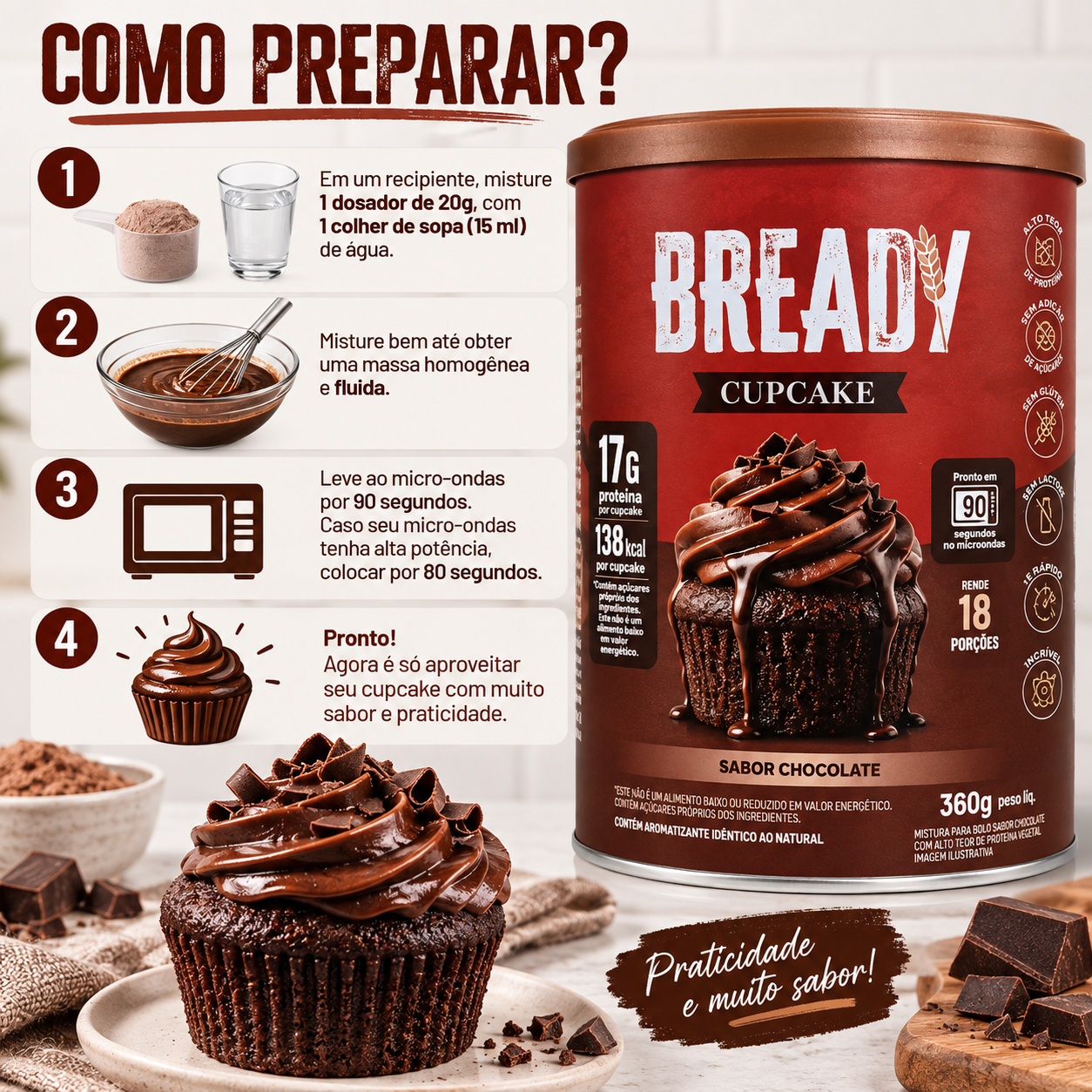 Bready Cupcake Chocolate - 17g Proteina 5g Fibra - 18 Doses